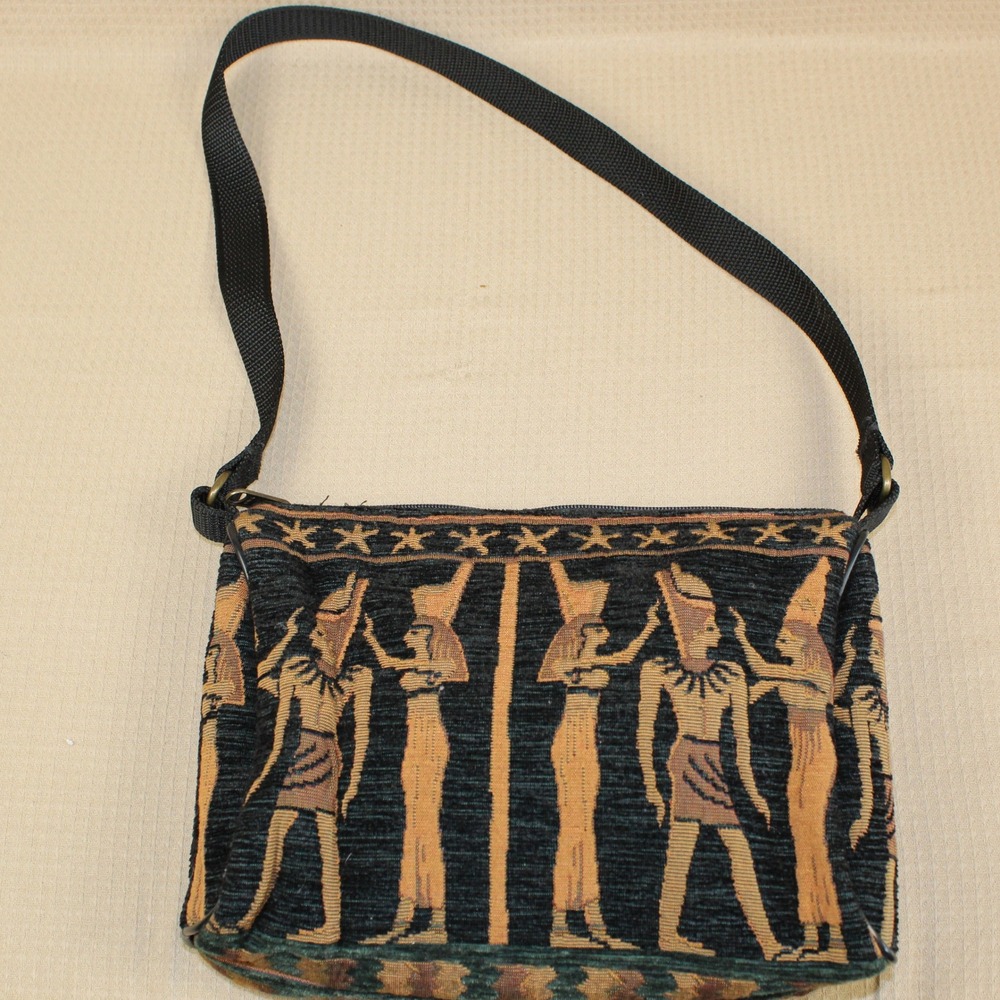 Egyptian Tapestry Shoulder Bag Small Black Gold Boho Y2K Minimalist Eclectic